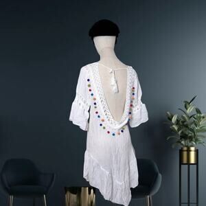 Women's Crochet Insert Open Back Ball Detail Cover Up (OS)